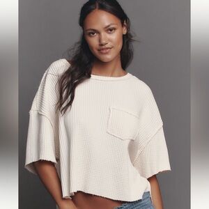 Pilcro Cream Waffle-Knit Pocket Crop Sweatshirt